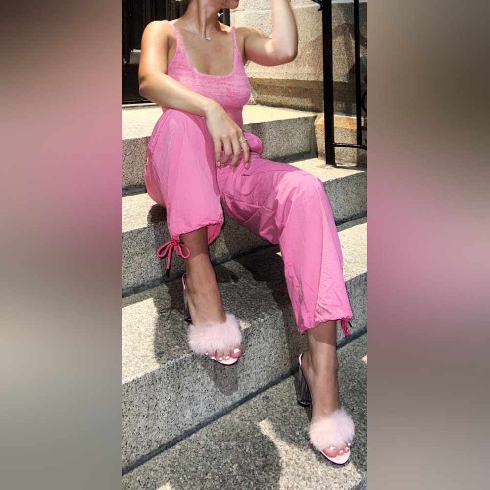 Forever 21 Boudoir/Sexy Barbie Pink Rabbit Fur Clear Heeled Sandals 8.5 - Picture 4 of 16